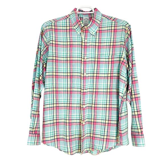 Brooks Brothers Shirt Mens XL Green Pink Plaid Irish Linen Button Up Extra Large - Picture 1 of 10